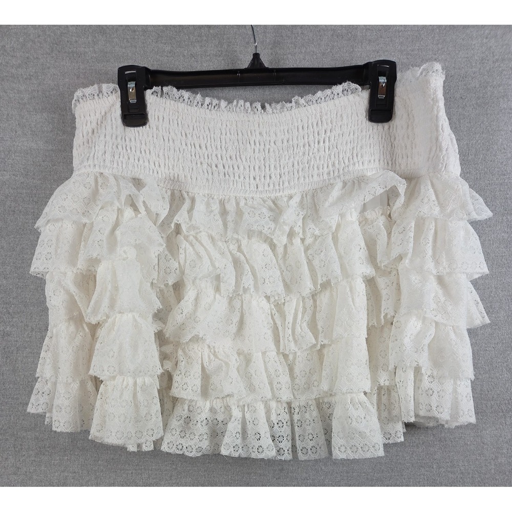 American Eagle XL Tiered Ruffle Mini Skirt Smocked Boho Gauze Lace White NEW